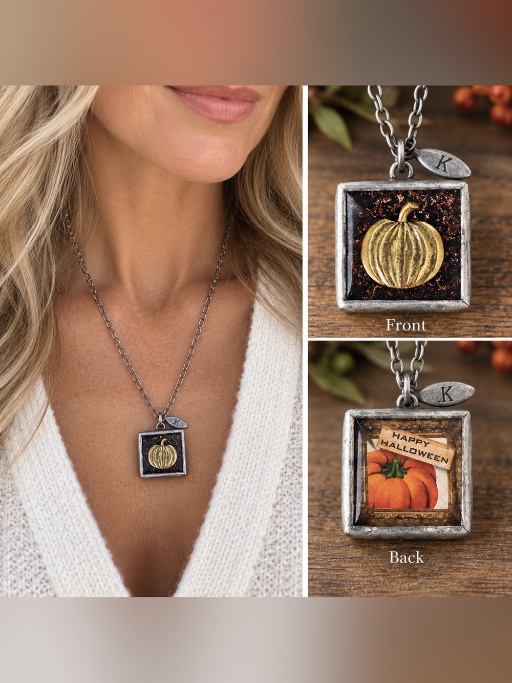 Jewel Kade Halloween Pumpkin Reversible Square Charm Pendant 1” x 1”